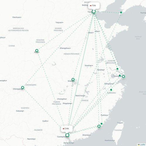 Mapa lotu bezpośredniego Tiencin – Kanton