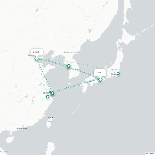 Mapa lotu bezpośredniego Tiencin – Osaka