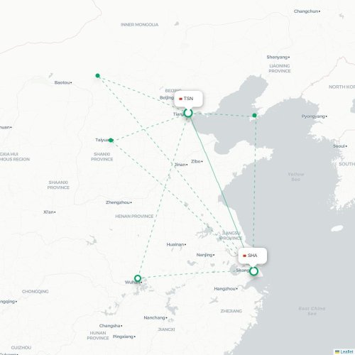Mapa lotu bezpośredniego Tiencin – Szanghaj