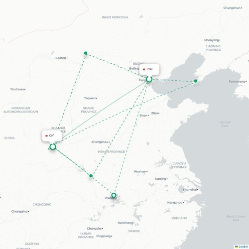 Mapa lotu bezpośredniego Tiencin – Xi'an