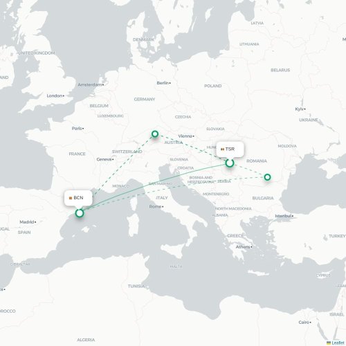 Mapa de vuelo directo Timisoara - Barcelona