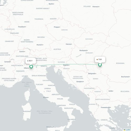 Mapa de vuelo directo Timisoara - Bérgamo