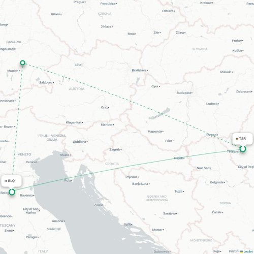 Mapa de vuelo directo Timisoara - Bolonia