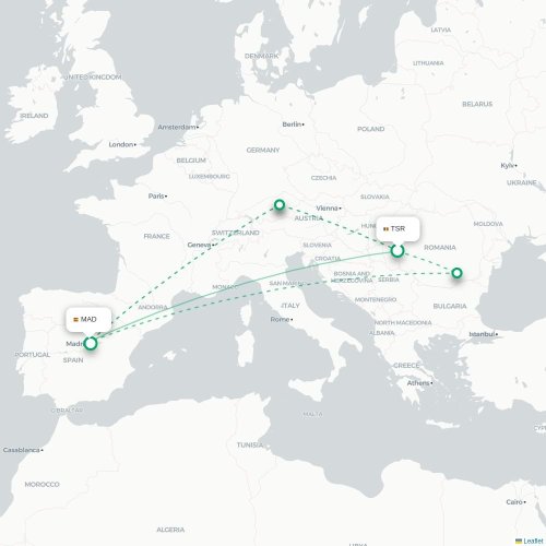 Timisoara - Madrid kort over direkte fly