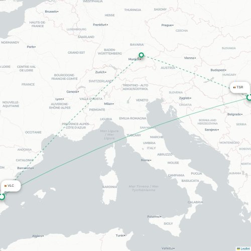 Timisoara - Valencia kort over direkte fly