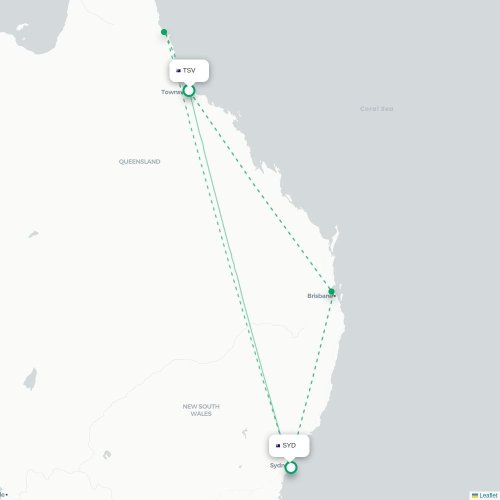 Townsville - Sydney kort over direkte fly