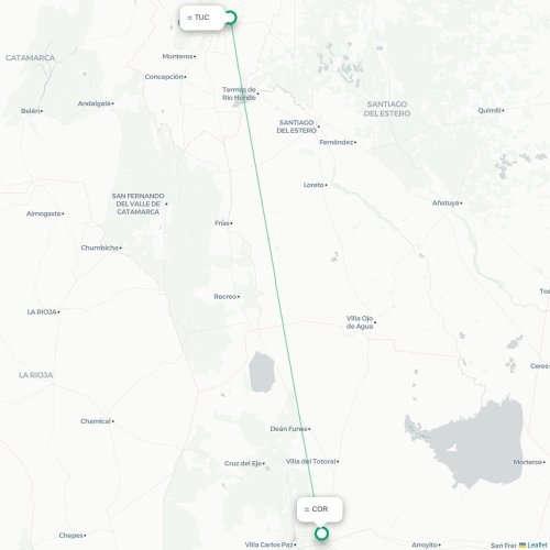 San Miguel de Tucumán - Córdoba kaart van rechtstreekse vlucht