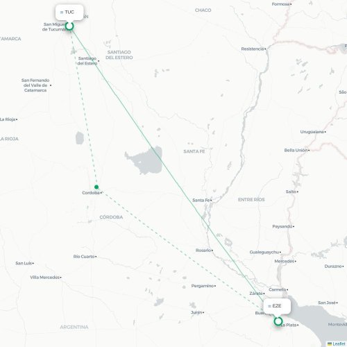 San Miguel de Tucumán - Buenos Aires kaart van rechtstreekse vlucht