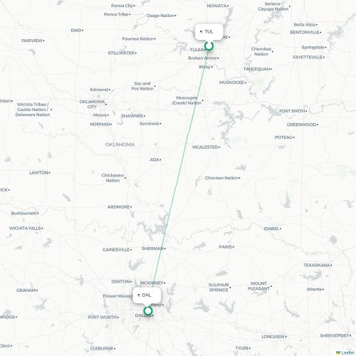 Tulsa - Dallas kort over direkte fly