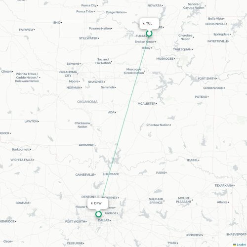Tulsa - Dallas kort over direkte fly