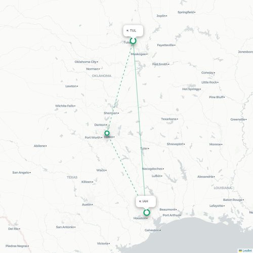 Tulsa - Houston kort over direkte fly