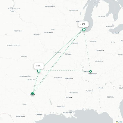 Tulsa - Chicago kort over direkte fly