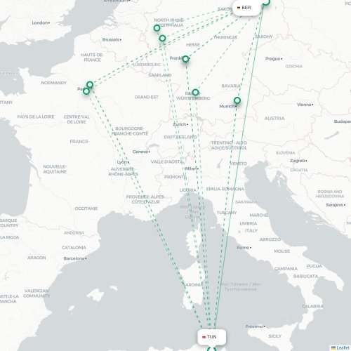Mapa lotu bezpośredniego Tunis – Berlin