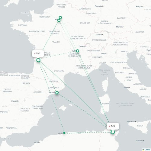 Mapa lotu bezpośredniego Tunis – Bordeaux