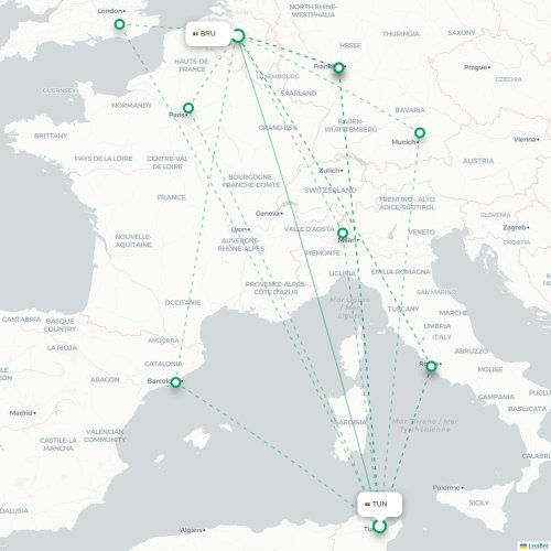 Mapa lotu bezpośredniego Tunis – Bruksela