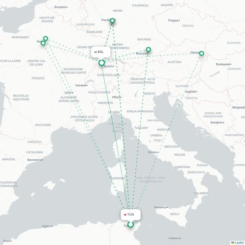 Mapa de vuelo directo Túnez - Basilea, Suiza