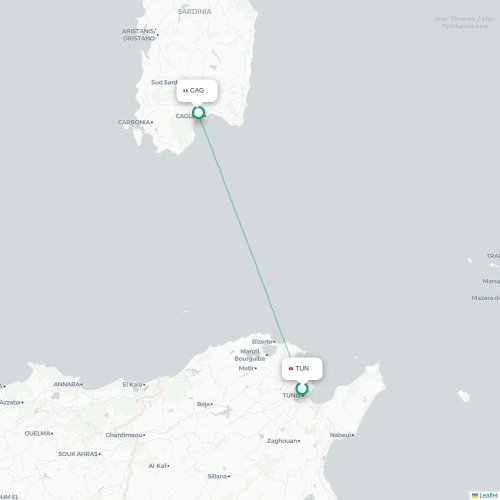 Mapa lotu bezpośredniego Tunis – Cagliari
