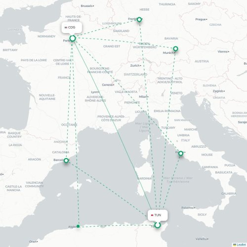 Mapa lotu bezpośredniego Tunis – Paryż