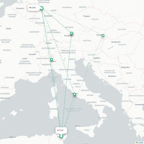 Mapa lotu bezpośredniego Tunis – Kolonia