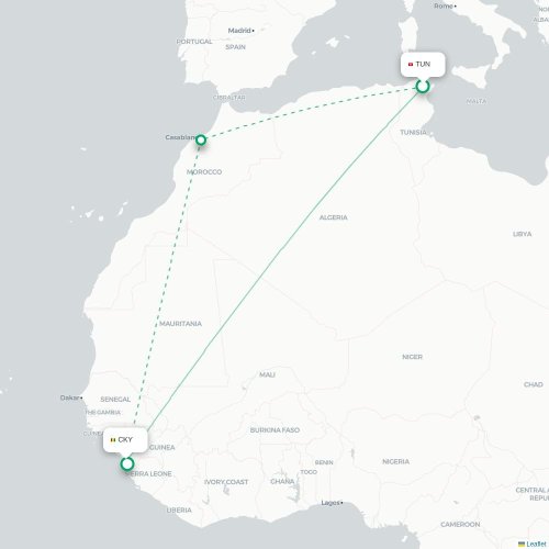 Tunis - Conakry karta över direktflyg