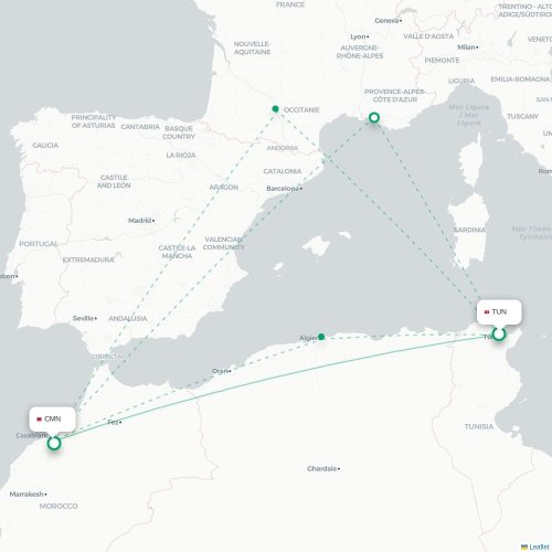 Mapa lotu bezpośredniego Tunis – Casablanca
