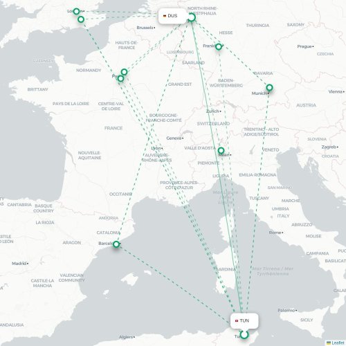 Mapa lotu bezpośredniego Tunis – Düsseldorf