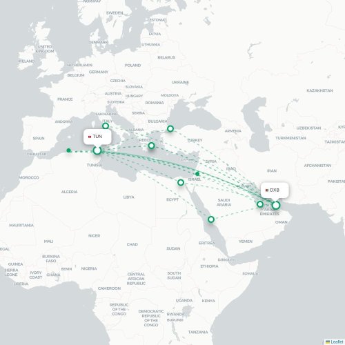 Mapa lotu bezpośredniego Tunis – Dubaj