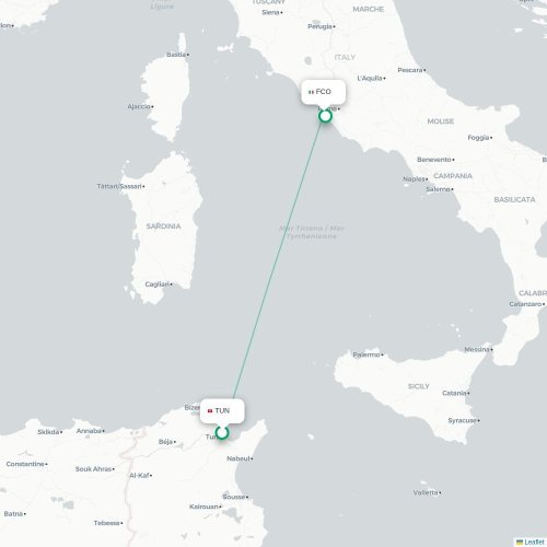 Mapa lotu bezpośredniego Tunis – Rzym