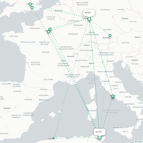 Mapa lotu bezpośredniego Tunis – Frankfurt nad Menem
