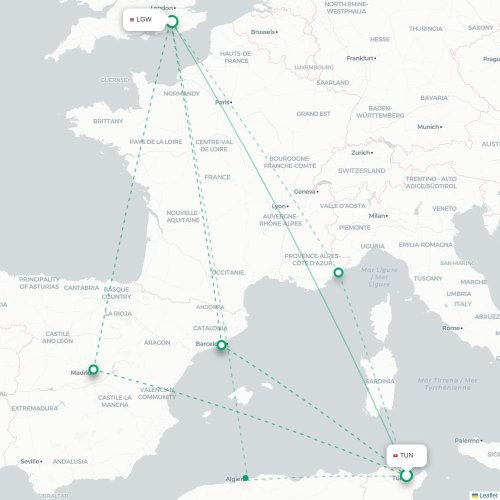 Mapa lotu bezpośredniego Tunis – Londyn