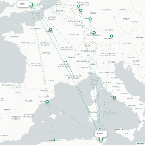 Mapa lotu bezpośredniego Tunis – Londyn
