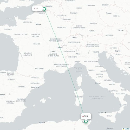 Mapa lotu bezpośredniego Tunis – Lille