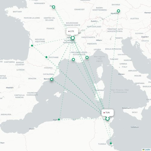 Mapa lotu bezpośredniego Tunis – Lyon