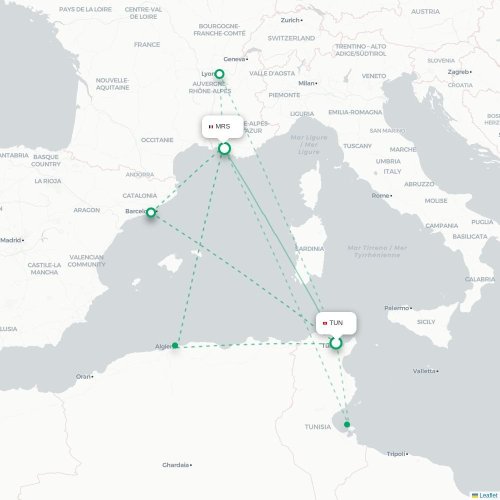 Mapa lotu bezpośredniego Tunis – Marsylia