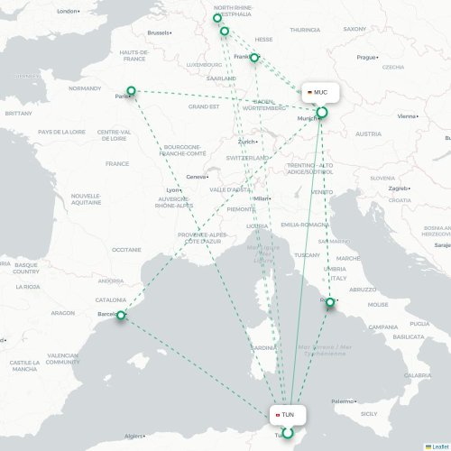 Mapa lotu bezpośredniego Tunis – Monachium