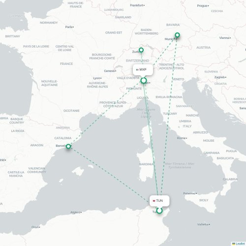 Mapa lotu bezpośredniego Tunis – Mediolan