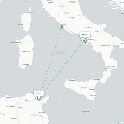 Mapa lotu bezpośredniego Tunis – Neapol
