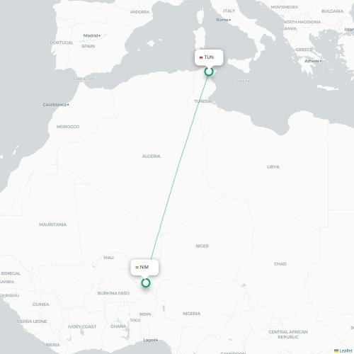 Tunis - Niamey kaart van rechtstreekse vlucht
