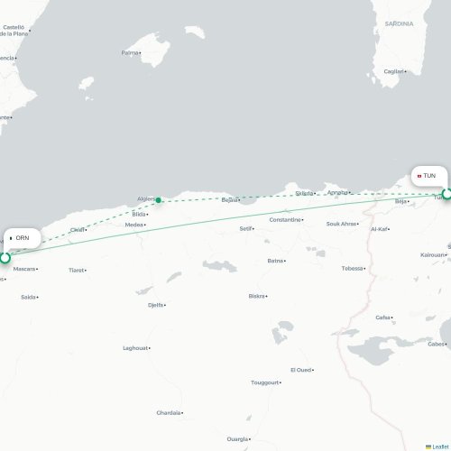 Mapa lotu bezpośredniego Tunis – Oran