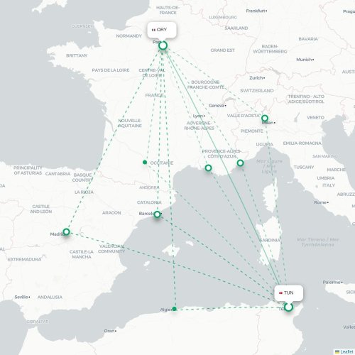Mapa lotu bezpośredniego Tunis – Paryż