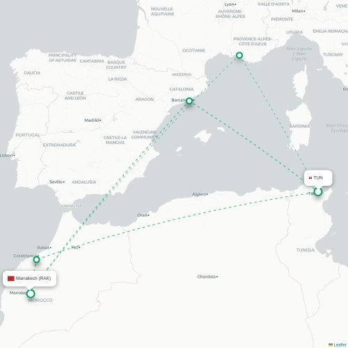 Mapa lotu bezpośredniego Tunis – Marrakesz