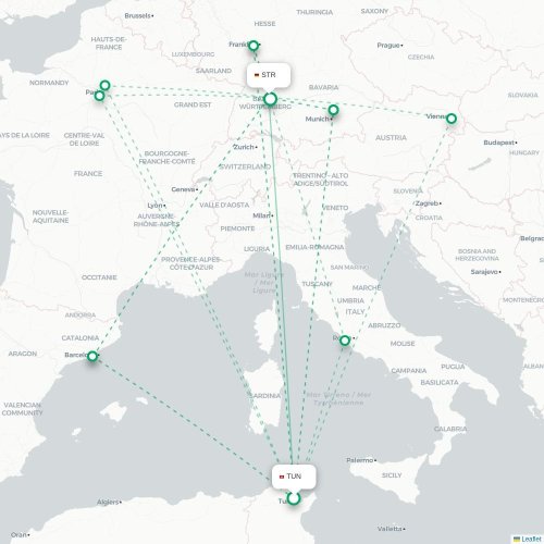 Mapa de vuelo directo Túnez - Stuttgart