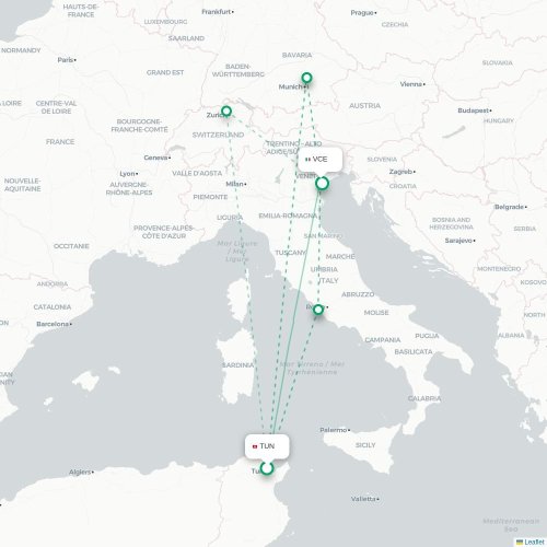Mapa lotu bezpośredniego Tunis – Wenecja