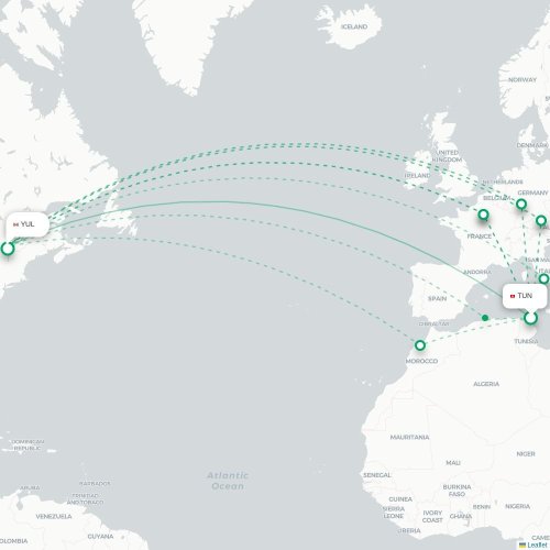 Mapa de vuelo directo Túnez - Montreal