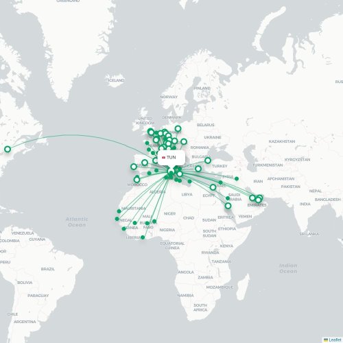 Mapa de vuelo directo Túnez - Luxemburgo