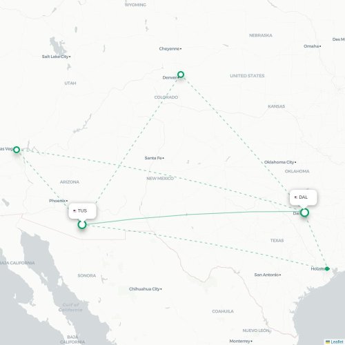 Mapa lotu bezpośredniego Tucson – Dallas