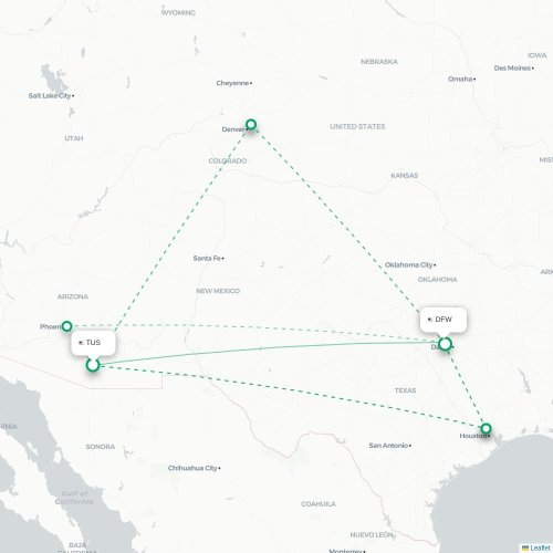 Mapa lotu bezpośredniego Tucson – Dallas