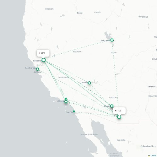 Mapa lotu bezpośredniego Tucson – Sacramento