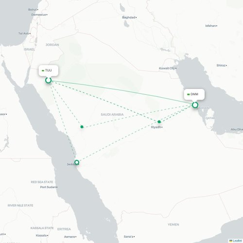 Mapa de vuelo directo Tabuk - Dammam