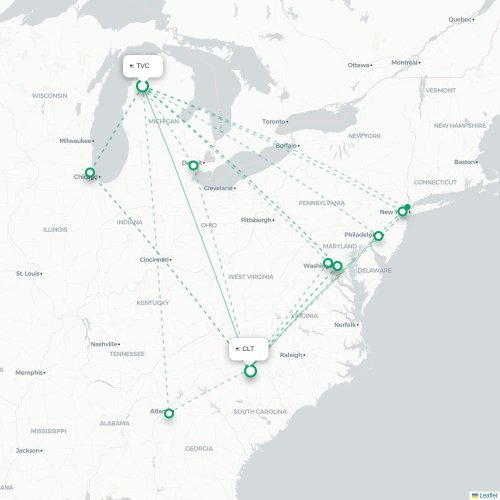 Traverse City - Charlotte kaart van rechtstreekse vlucht